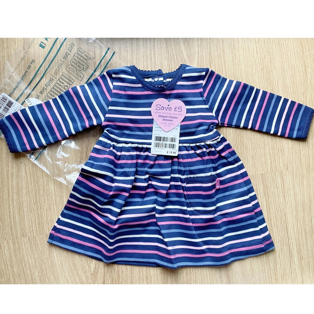 Girls' Navy Multi Stripe Classic Dress 3-6 months
